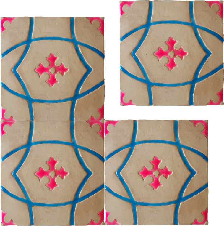 red_four_petal_flower_and_blue_arcs_pattern_four_tiles_glow_in_the_dark_hand_made_tile