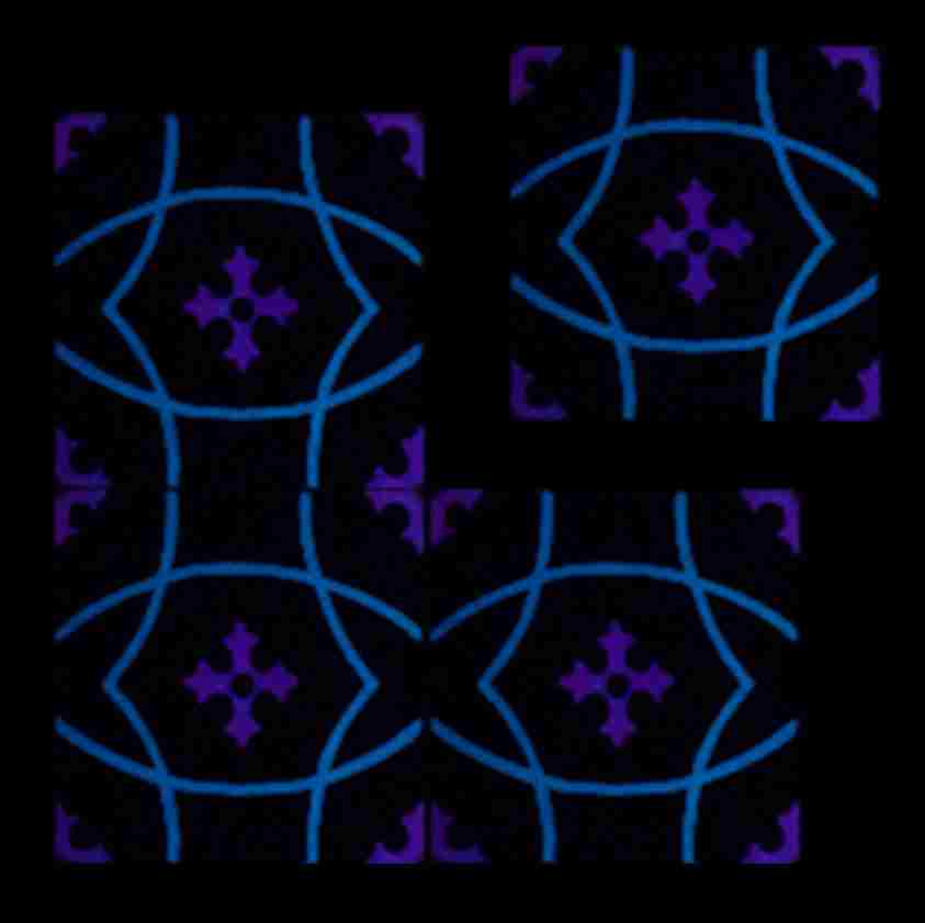red_four_petal_flower_and_blue_arcs_pattern_four_tiles_glow_in_the_dark_hand_made_tile(in dark)