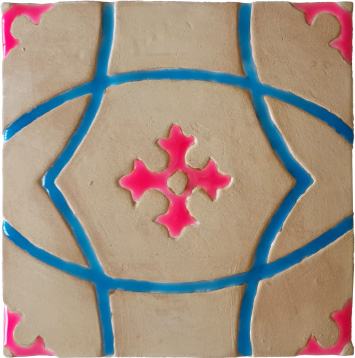 red_four_petal_flower_and_blue_arcs_pattern_glow_in_the_dark_hand_made_tile