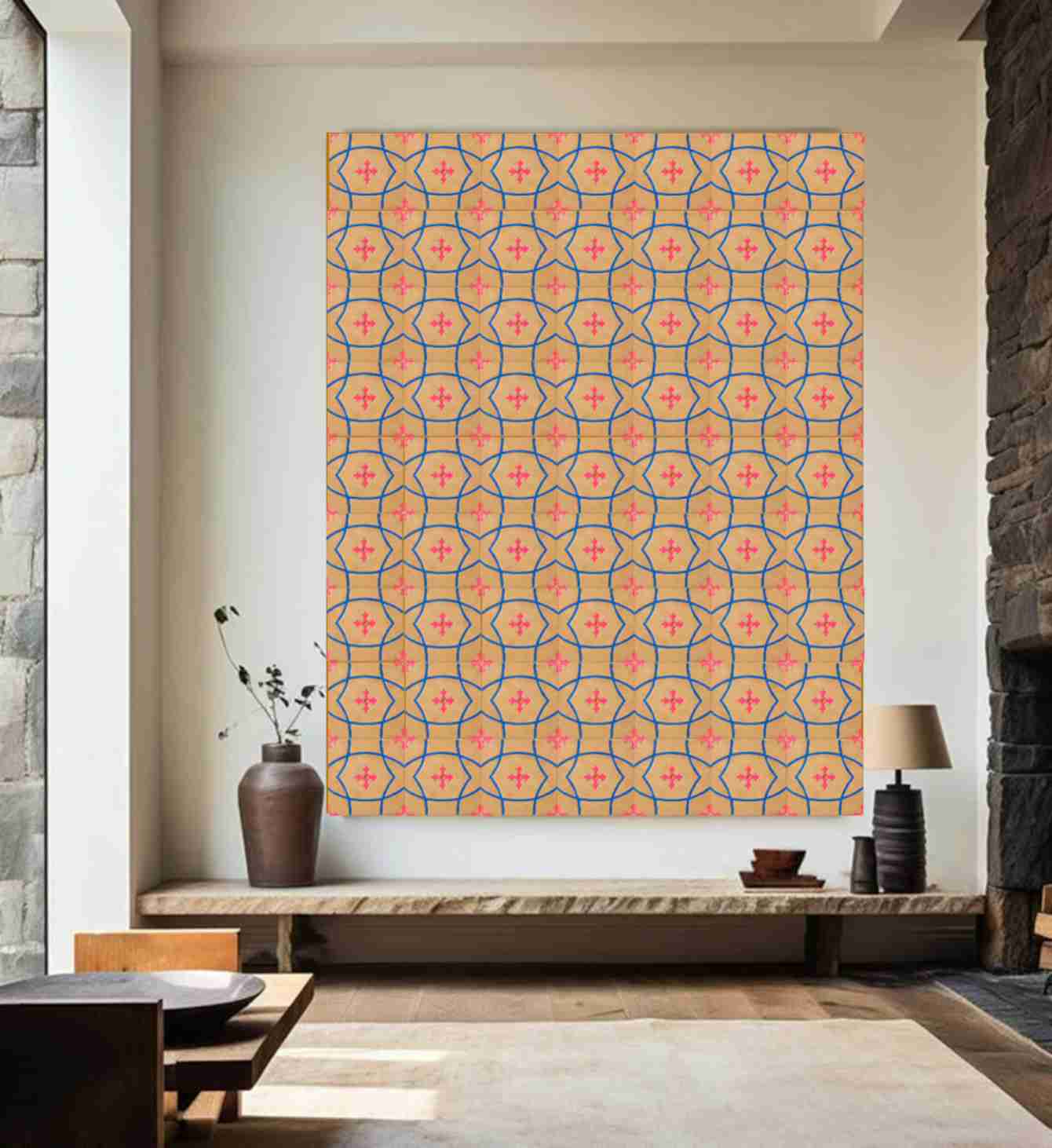 red_four_petal_flower_and_blue_arcs_pattern_interior_view_glow_in_the_dark_hand_made_tile