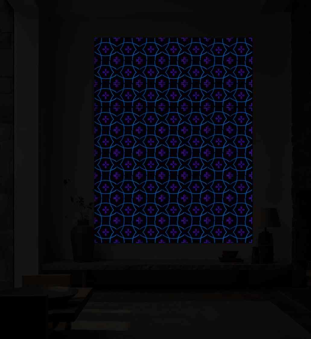 red_four_petal_flower_and_blue_arcs_pattern_interior_view_glow_in_the_dark_hand_made_tile(in dark)