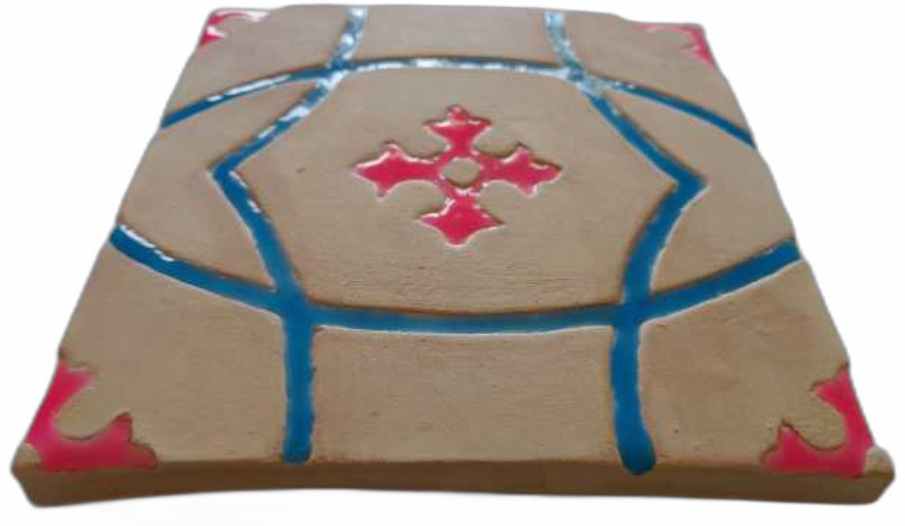 red_four_petal_flower_and_blue_arcs_pattern_side_view_glow_in_the_dark_hand_made_tile